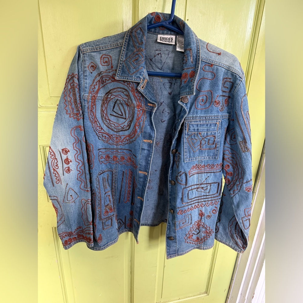 Chico's Blue Denim Jacket with Brown Embroidery